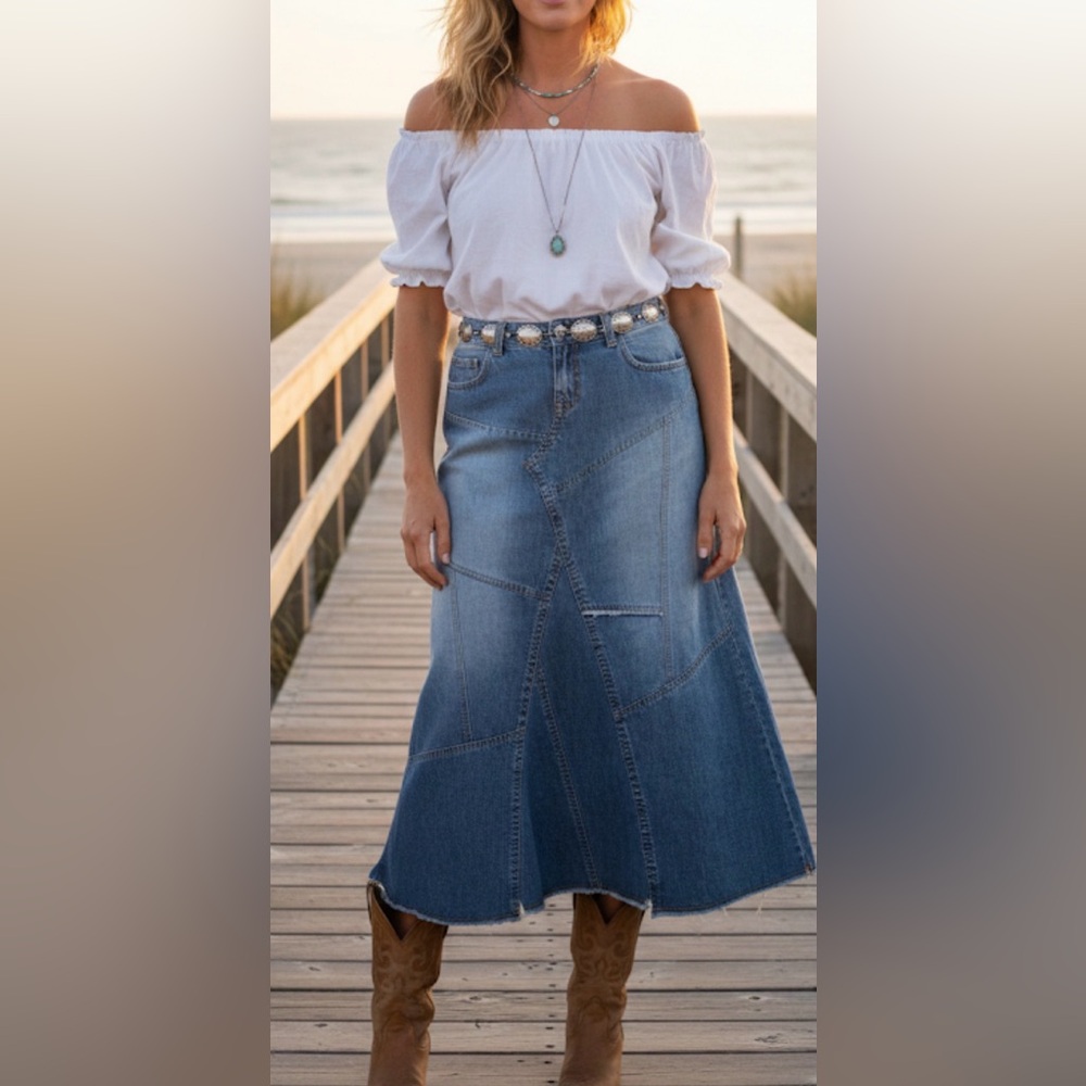 Unionbay Jeans Denim Skirt 5 Cute 100% Cotton Midi Length Patchwork Grunge Y2K